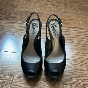 Gucci satin rhinestone peep toe heels 36